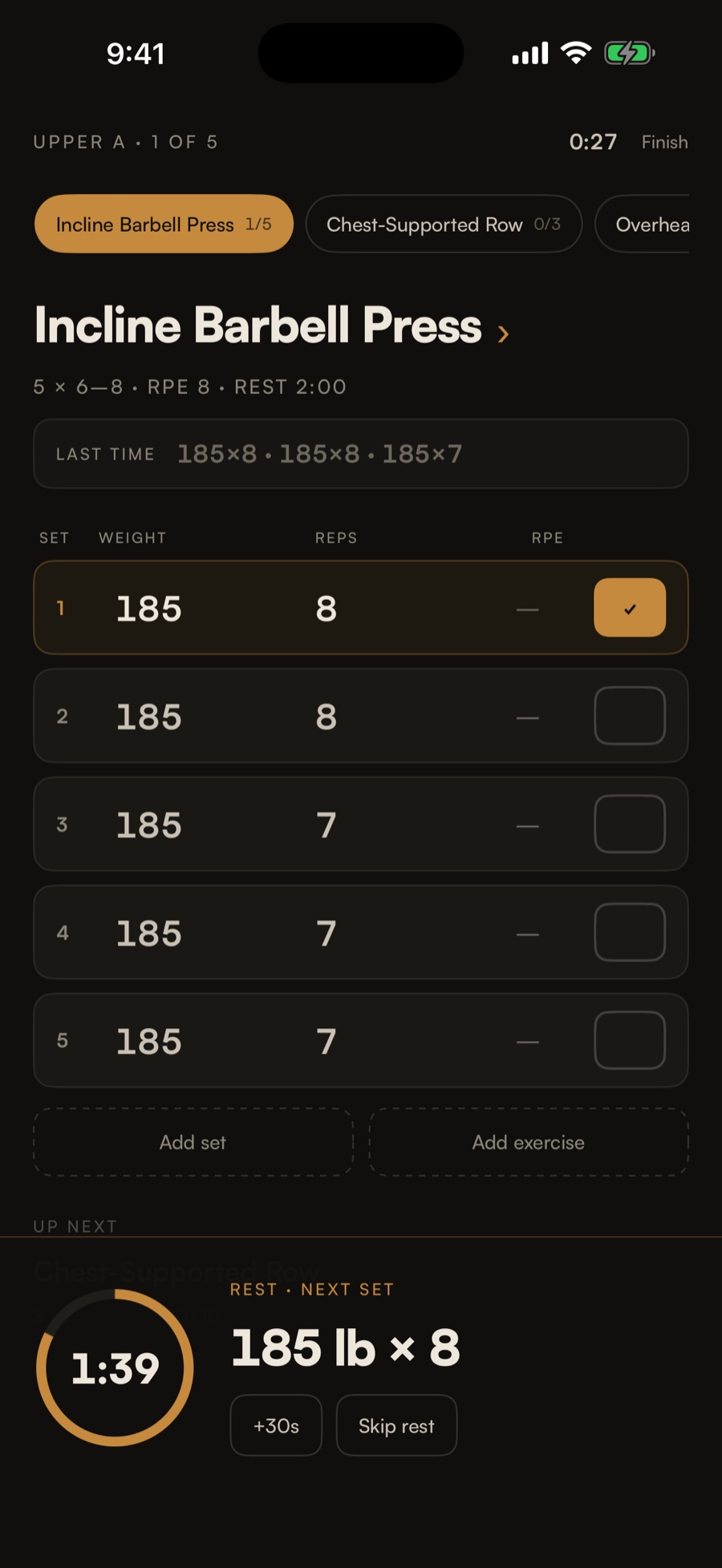 A live training session in TEMPLE with the rest timer running over the next set.